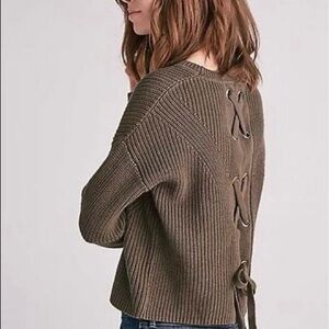 Lucky Brand Pullover Knit Olive Green Lace Back Tie Sweater Size L‎